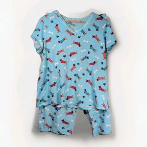 Women's Simply Basic Pajama Set Sz Large Blue W Weenie Dogs Loose Flowy
